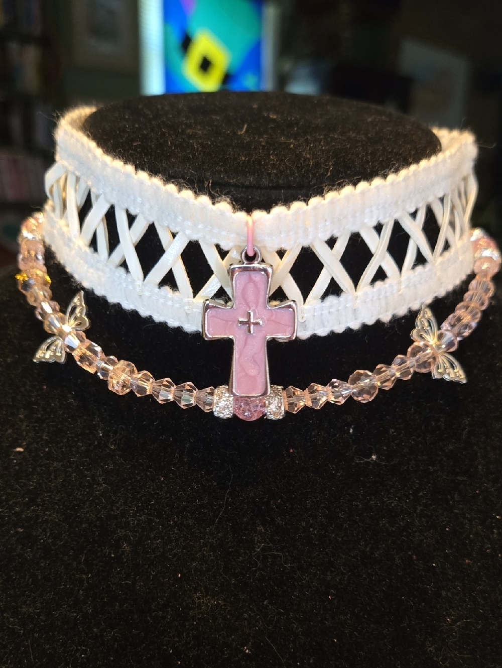 White Lace Choker with Pink Cross Pendant and Pink Bead Necklace